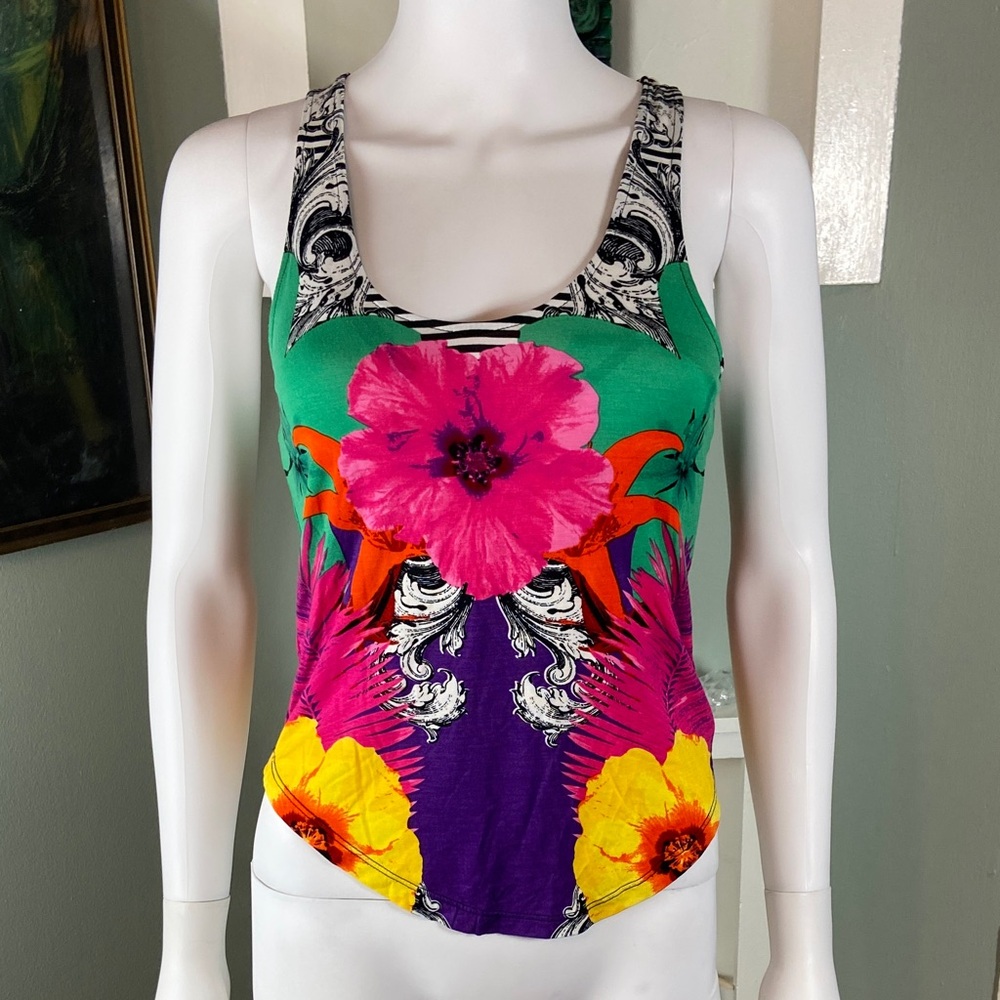 Bebe Bright Floral Psychedelic Striped Print Tank Top Racerback XS XSMALL